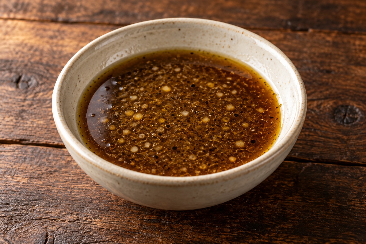 Fluid balsamic vinaigrette with garlic and pepper in a cream bowl on dark wood