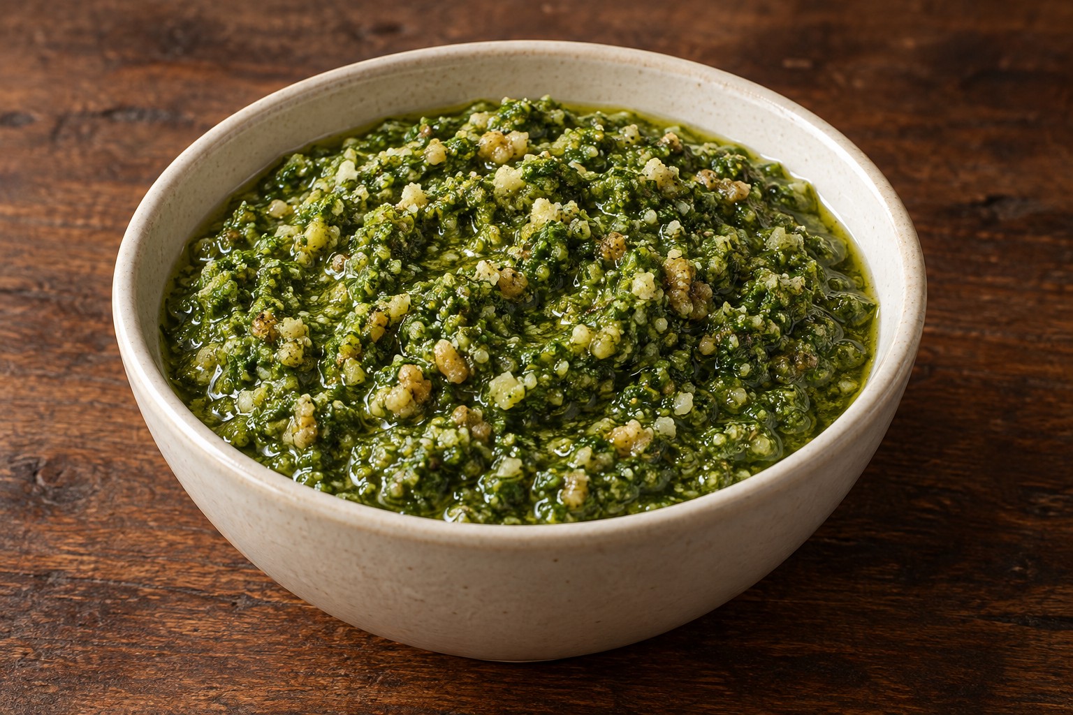 Textured green basil pesto with Parmesan and walnuts in a cream bowl