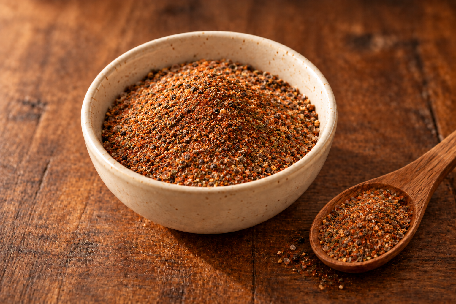 EFK Blackening Seasoning blend in a cream bowl on dark rustic wood