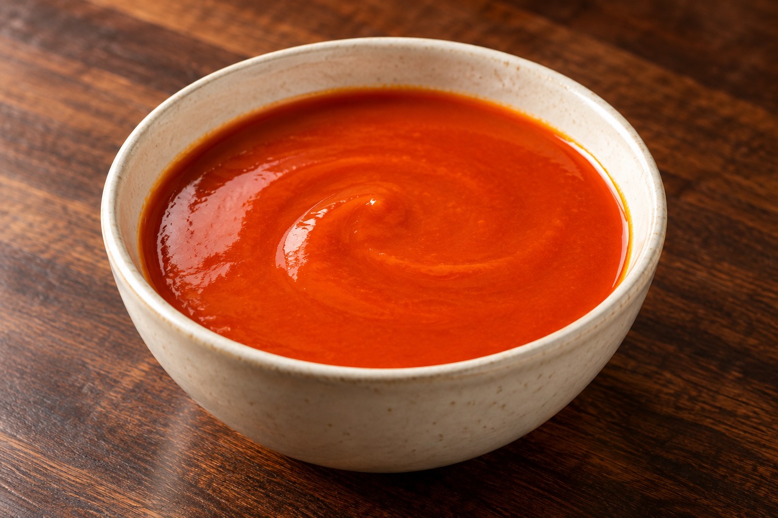 Smooth orange-red buttery Buffalo sauce in a cream bowl