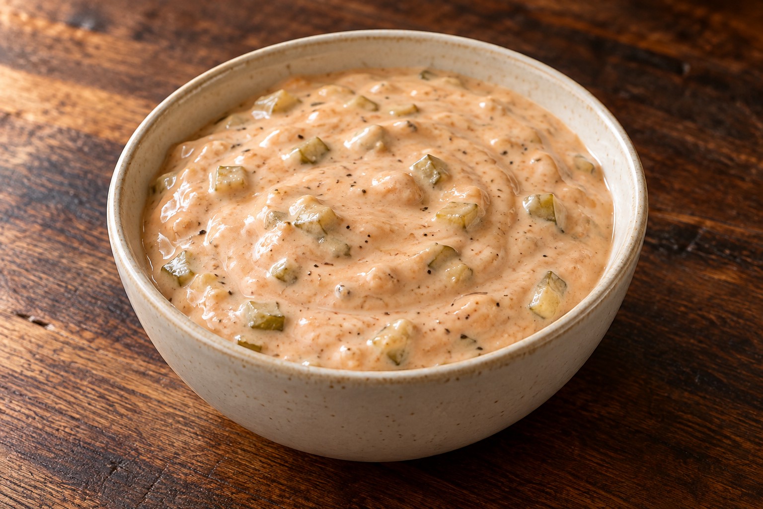 Creamy pink-orange burger and fry sauce with finely chopped pickles in a cream bowl