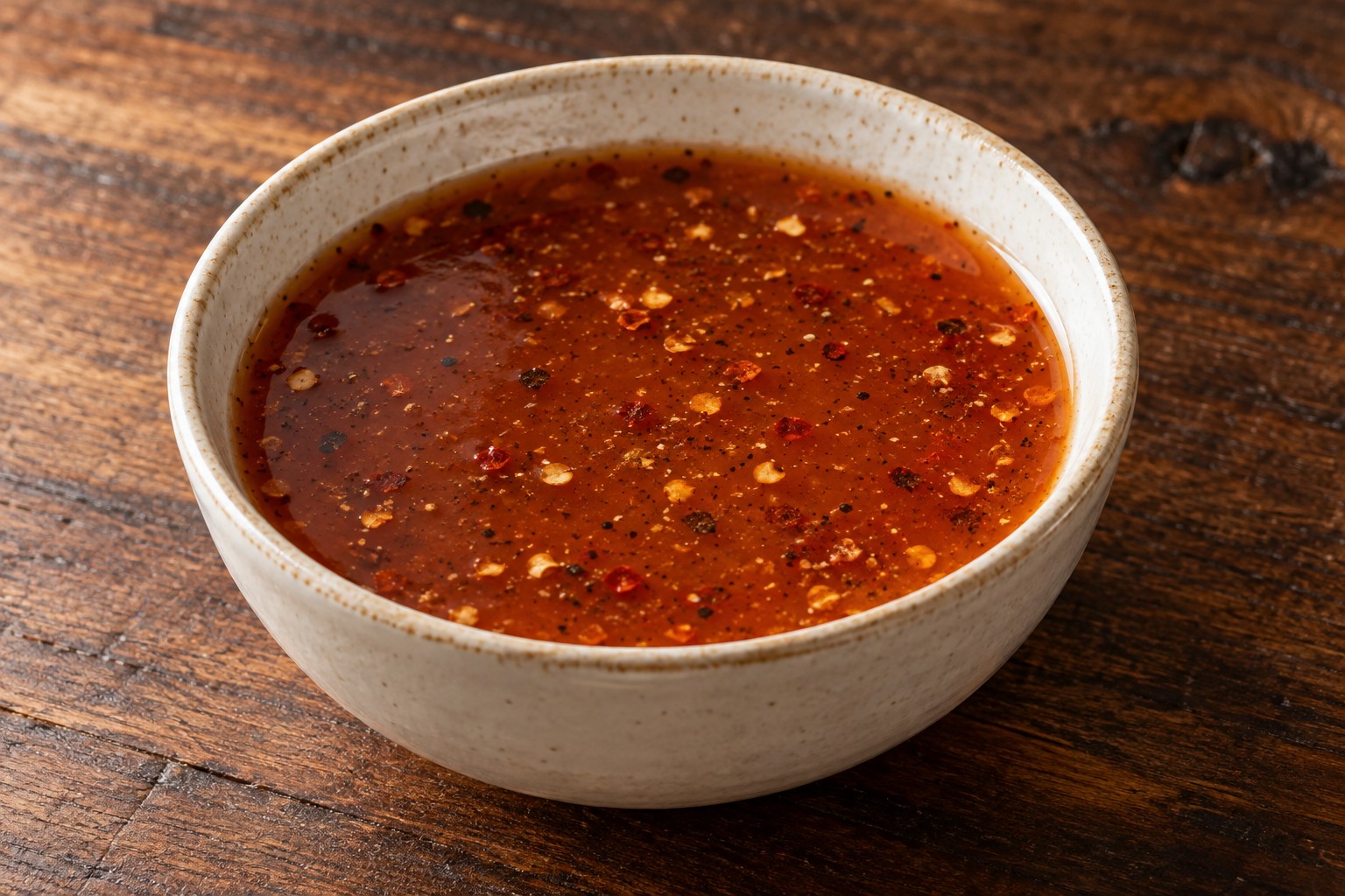 Thin Carolina vinegar barbecue sauce with red pepper flakes in a cream bowl