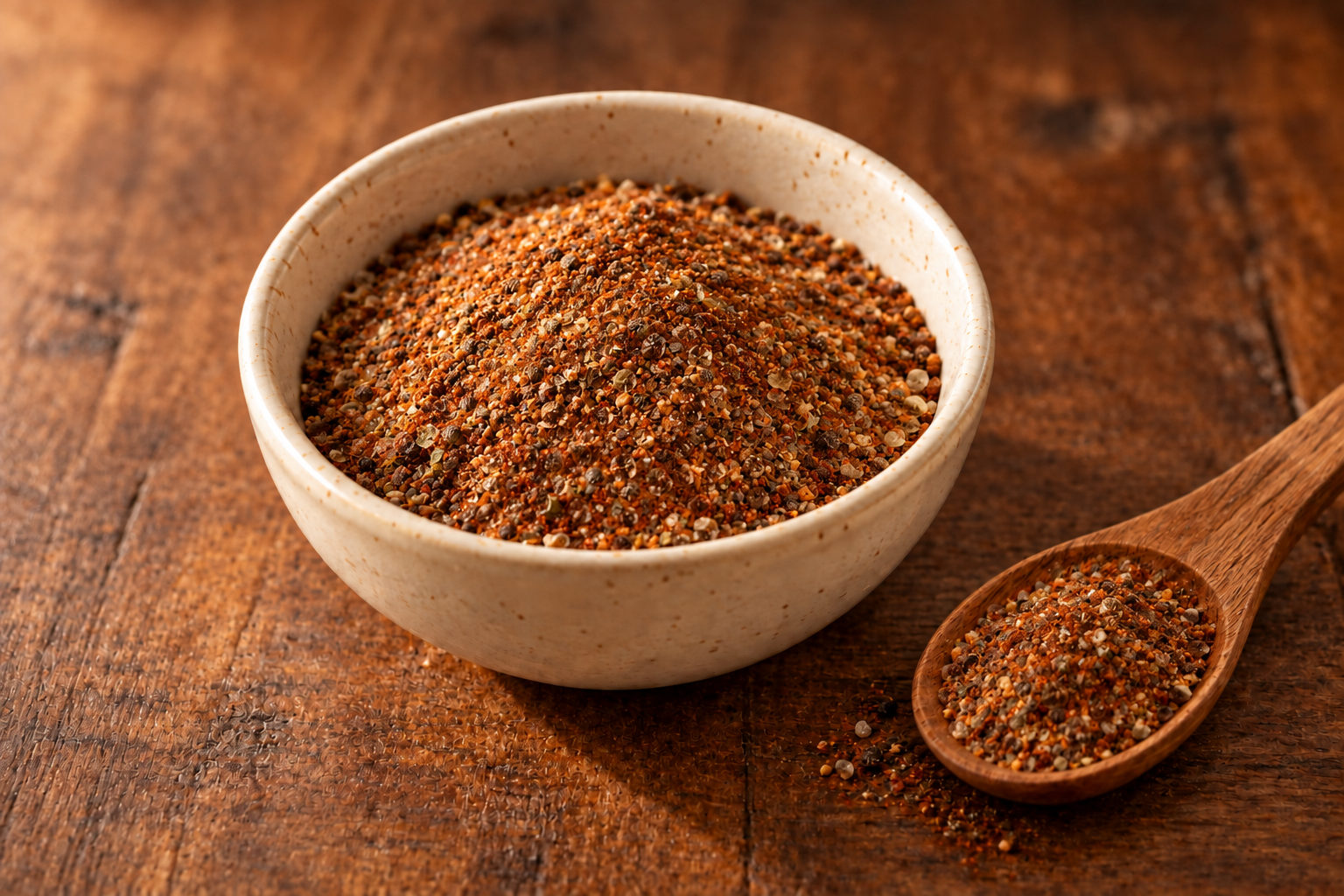 EFK Chili Seasoning blend in a cream bowl on dark rustic wood