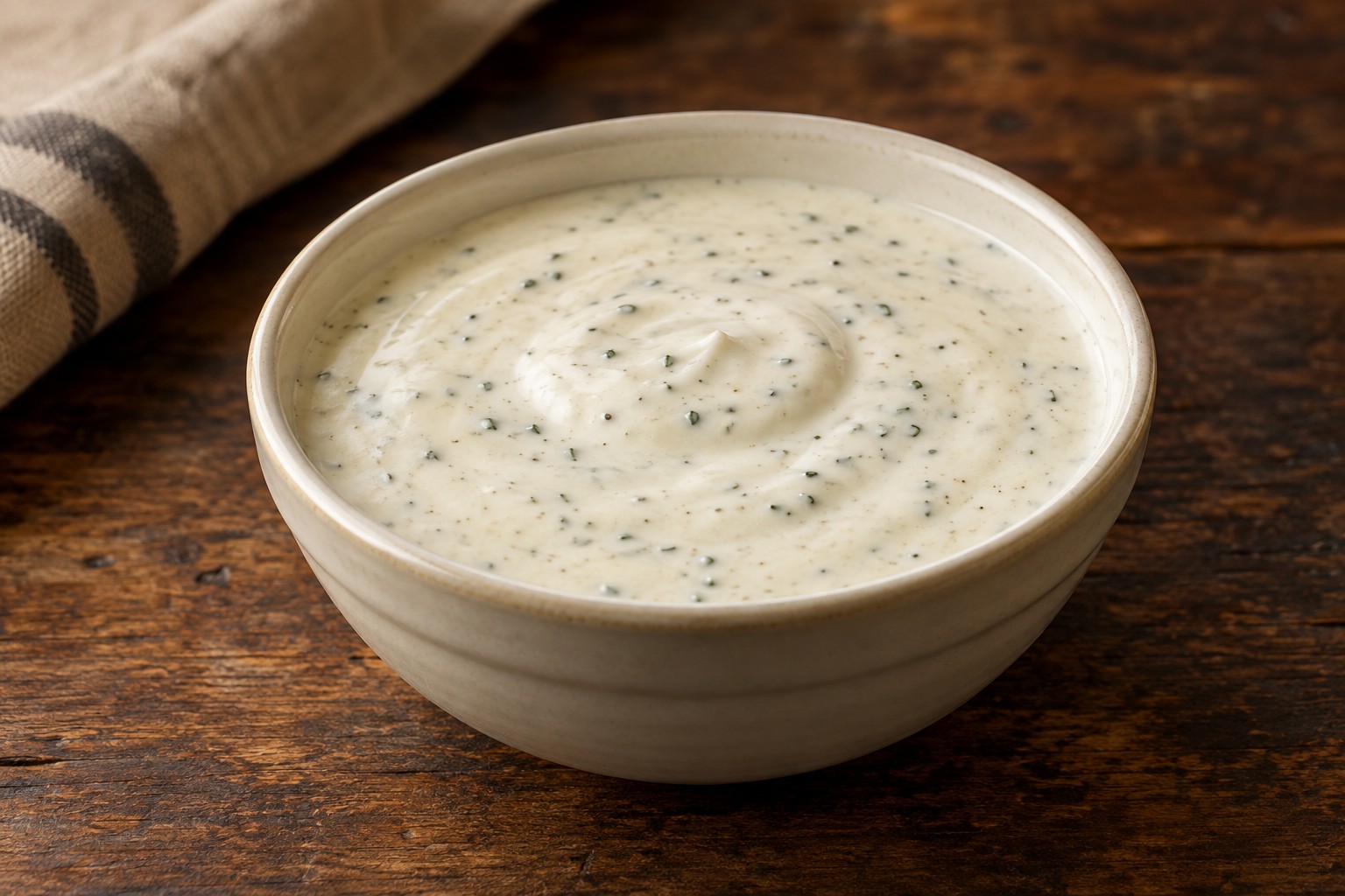 Creamy buttermilk ranch with fine herb flecks in a cream ceramic bowl on warm dark wood