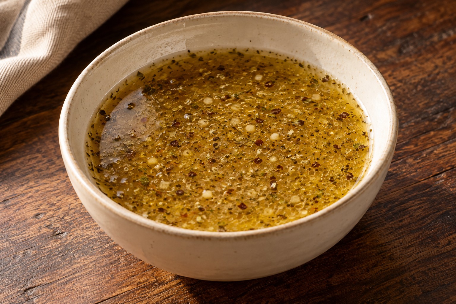 Golden Italian vinaigrette with herbs and garlic in a cream bowl on dark wood