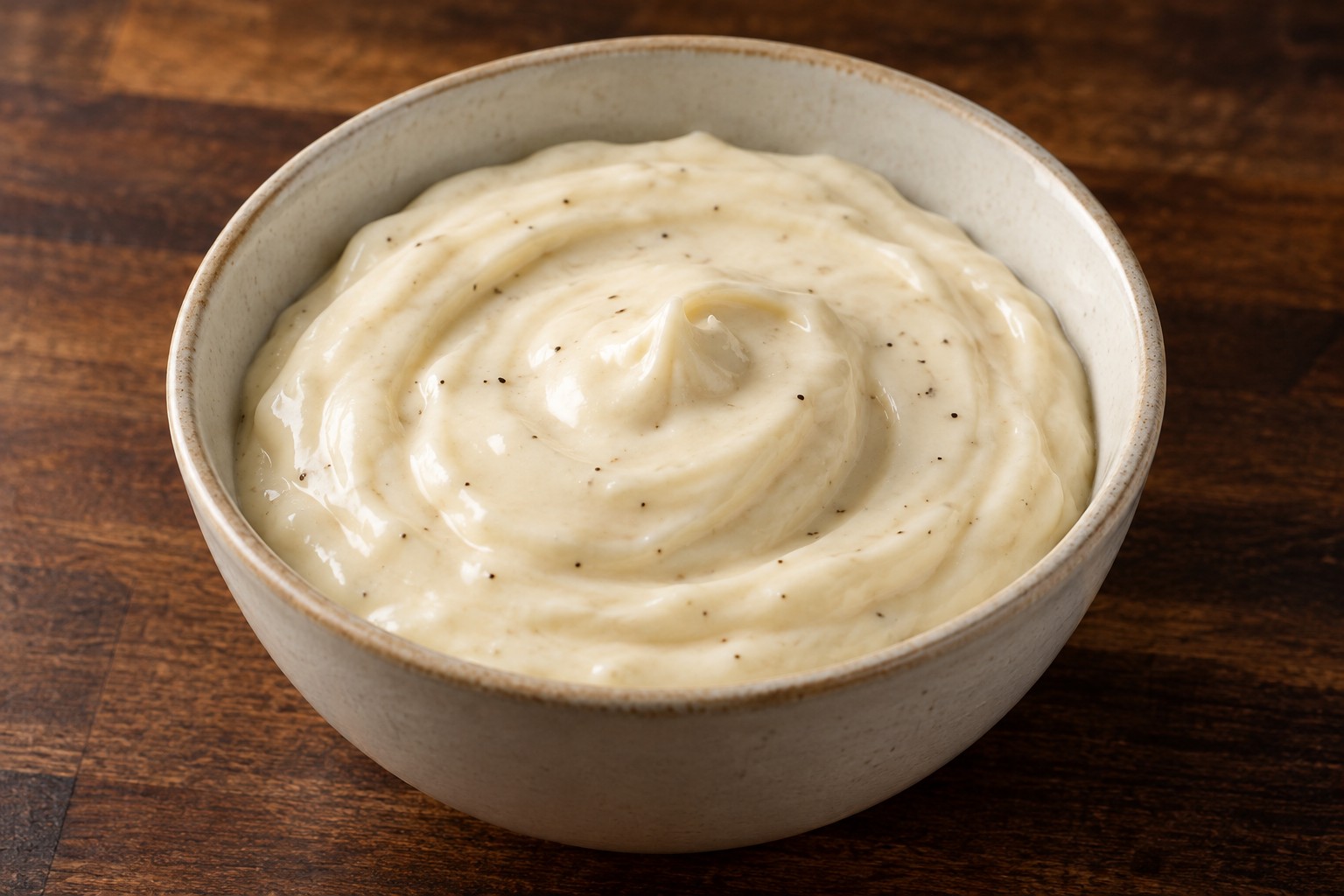 Smooth ivory garlic aioli with fine pepper flecks in a cream bowl