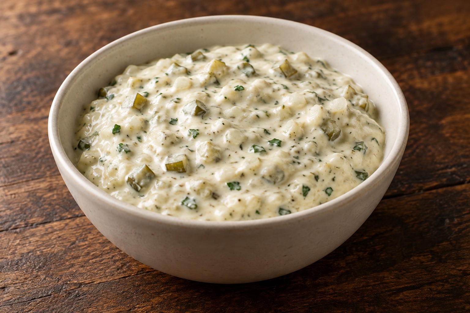 Creamy homemade tartar sauce with chopped dill pickles and parsley in a cream bowl