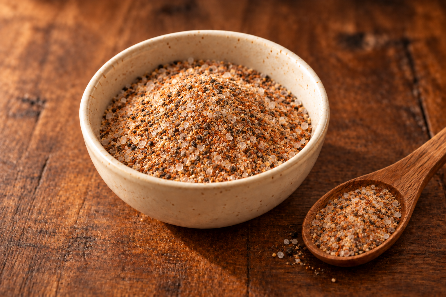 EFK Homestead Burger Seasoning blend in a cream bowl on dark rustic wood