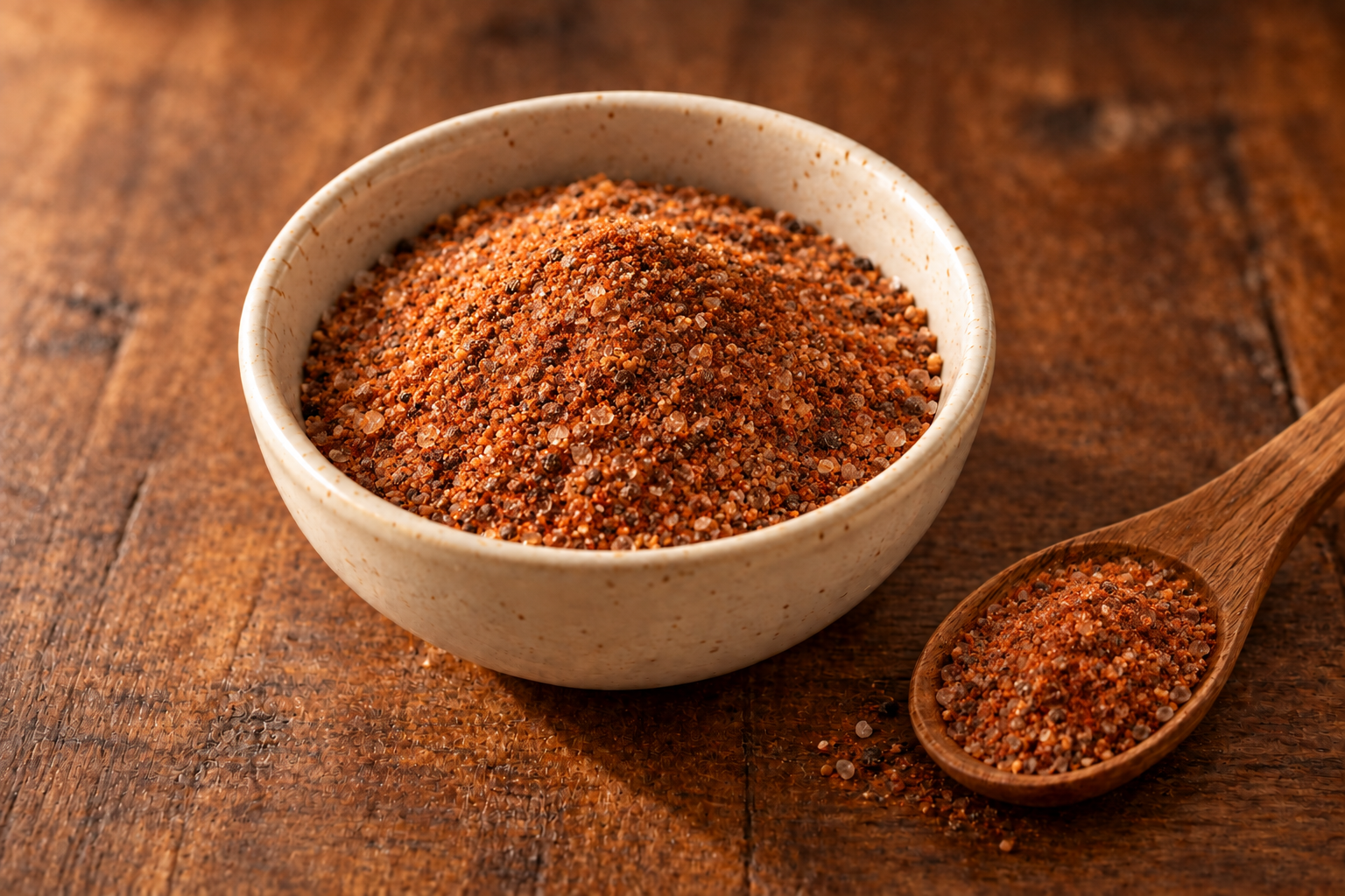 EFK Homestead Chicken BBQ Rub blend in a cream bowl on dark rustic wood