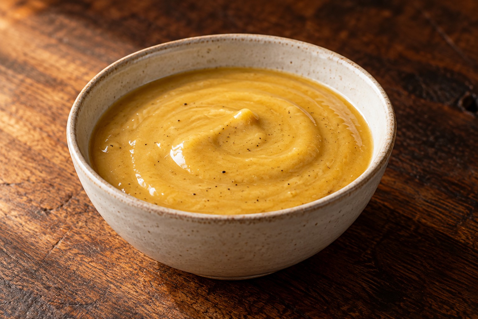 Golden creamy honey mustard with pepper specks in a cream bowl on dark wood