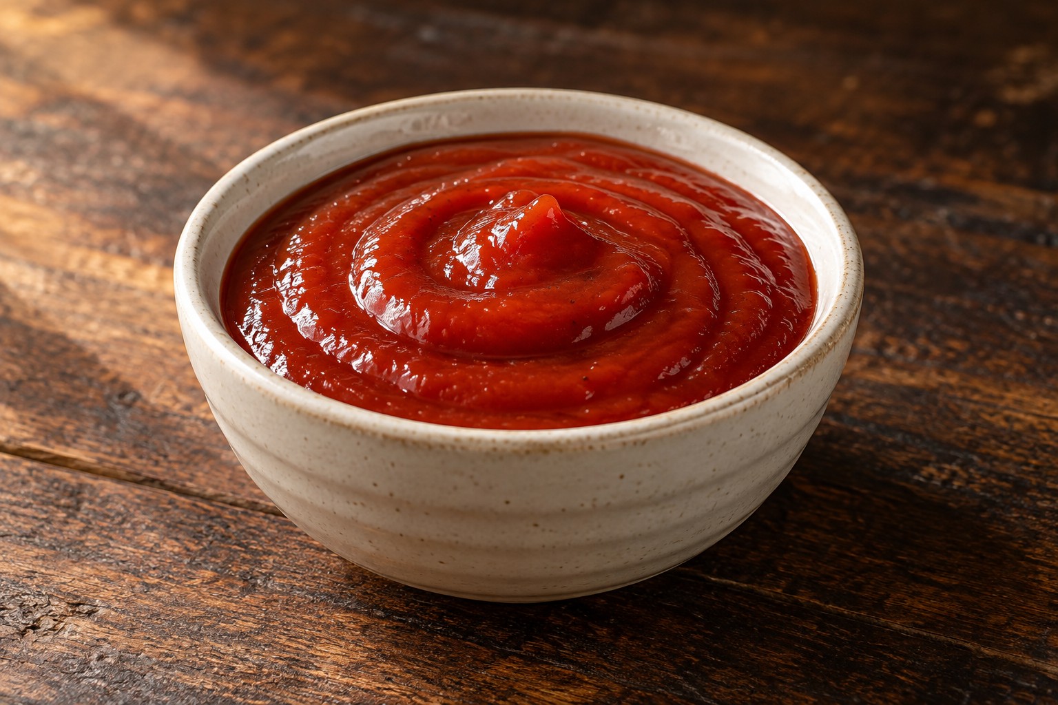 Rich red homemade ketchup in a cream ceramic bowl on dark wood
