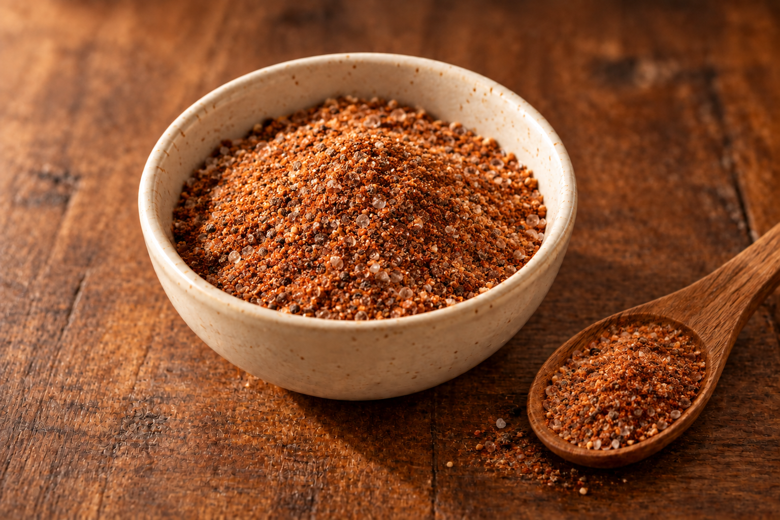 EFK Homestead Pork BBQ Rub blend in a cream bowl on dark rustic wood