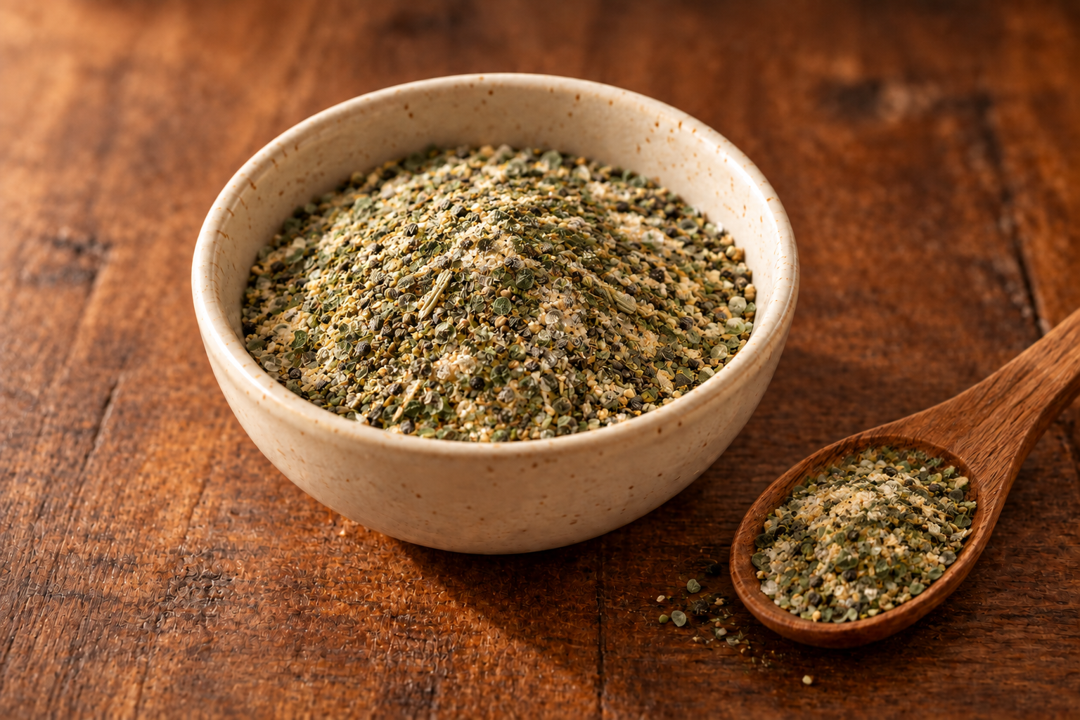 EFK Homestead Poultry Seasoning blend in a cream bowl on dark rustic wood