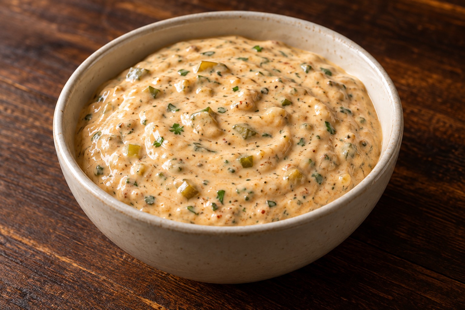 Creamy remoulade with chopped pickle and parsley in a cream bowl