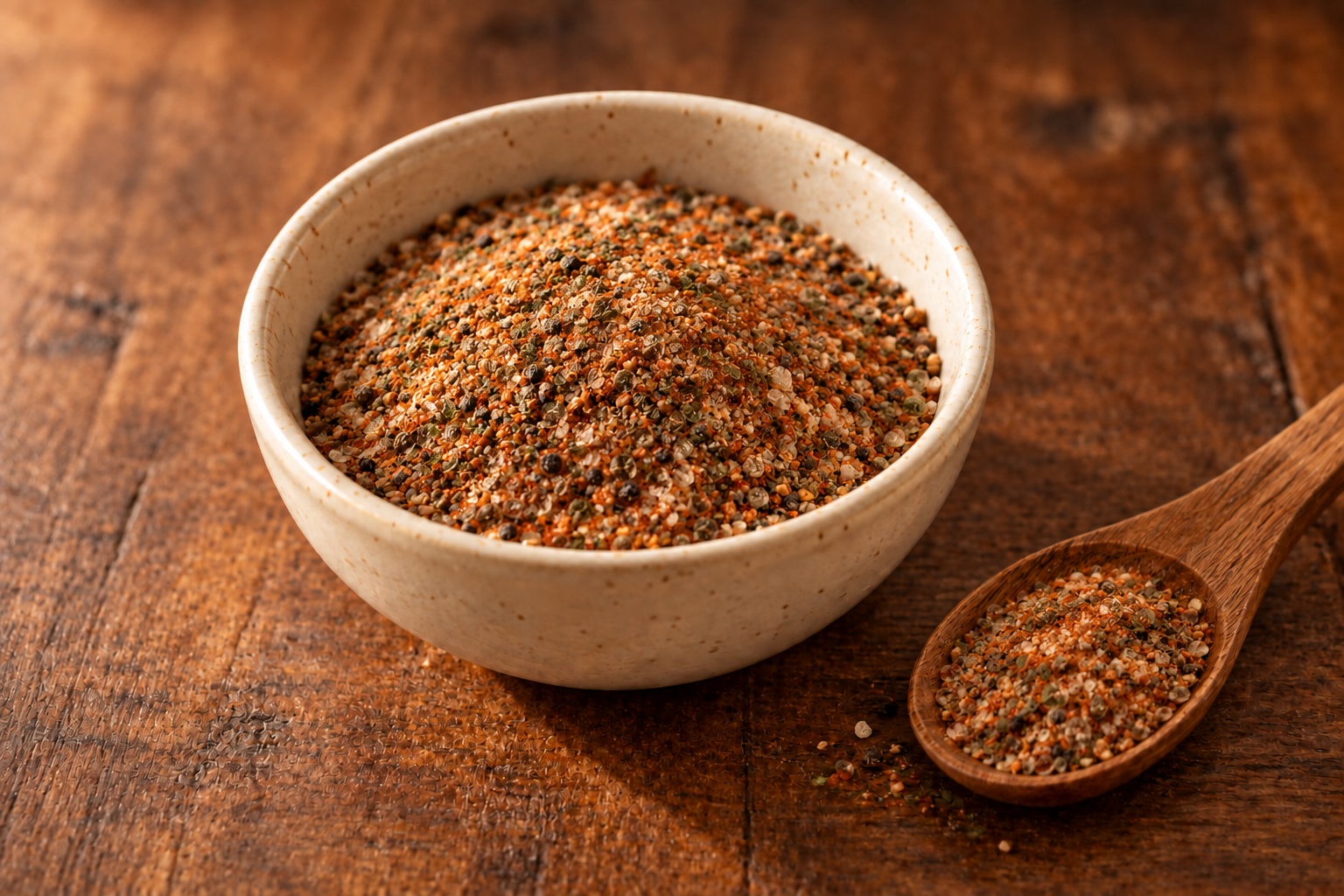 EFK Homestead Seafood Seasoning blend in a cream bowl on dark rustic wood