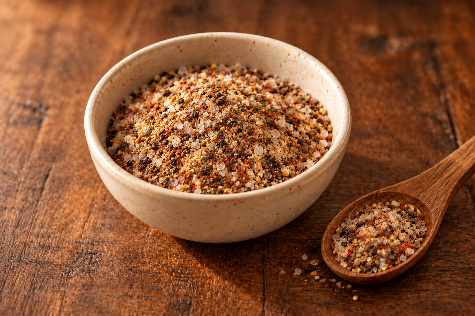 EFK Homestead Steak Seasoning blend in a cream bowl on dark rustic wood