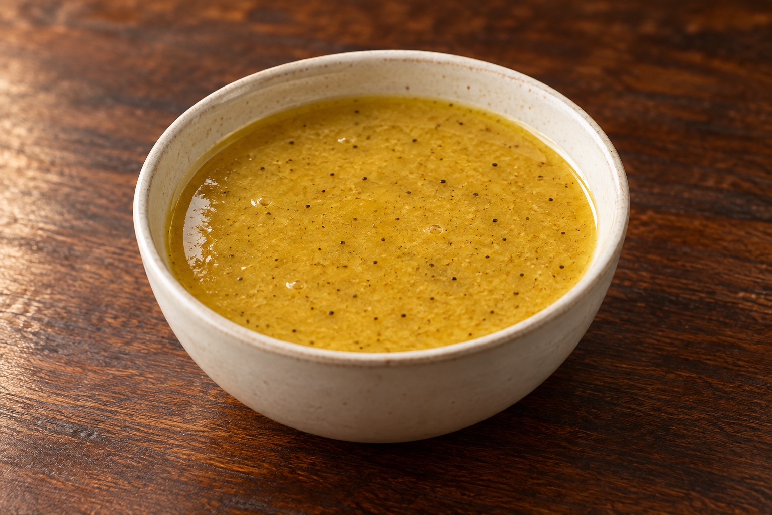 Golden honey-Dijon vinaigrette with pepper flecks in a cream bowl