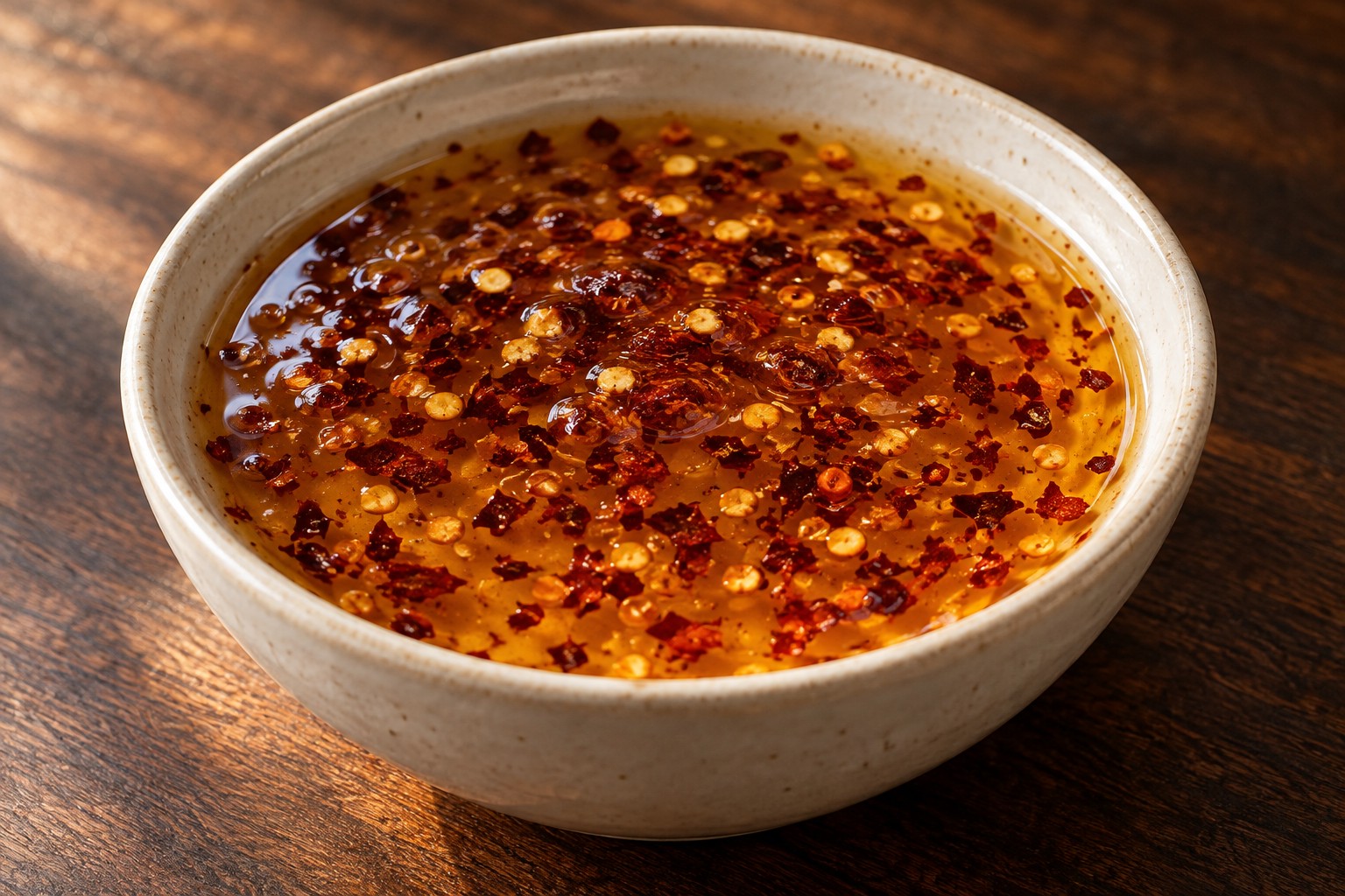 Golden hot honey with crushed red pepper flakes in a cream bowl