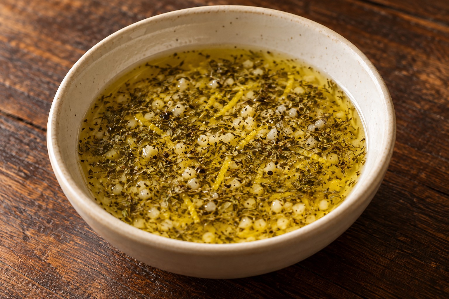 Fresh lemon herb marinade with minced garlic, lemon zest, oregano and thyme