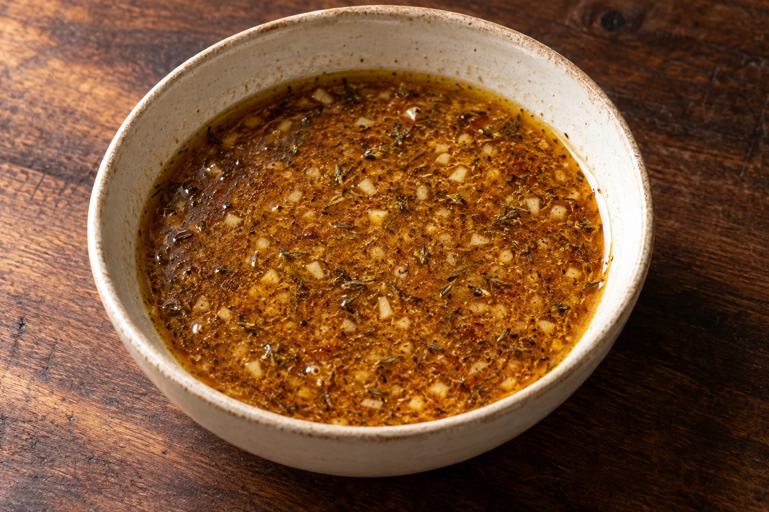 Golden Dijon garlic and thyme pork marinade in a cream ceramic bowl