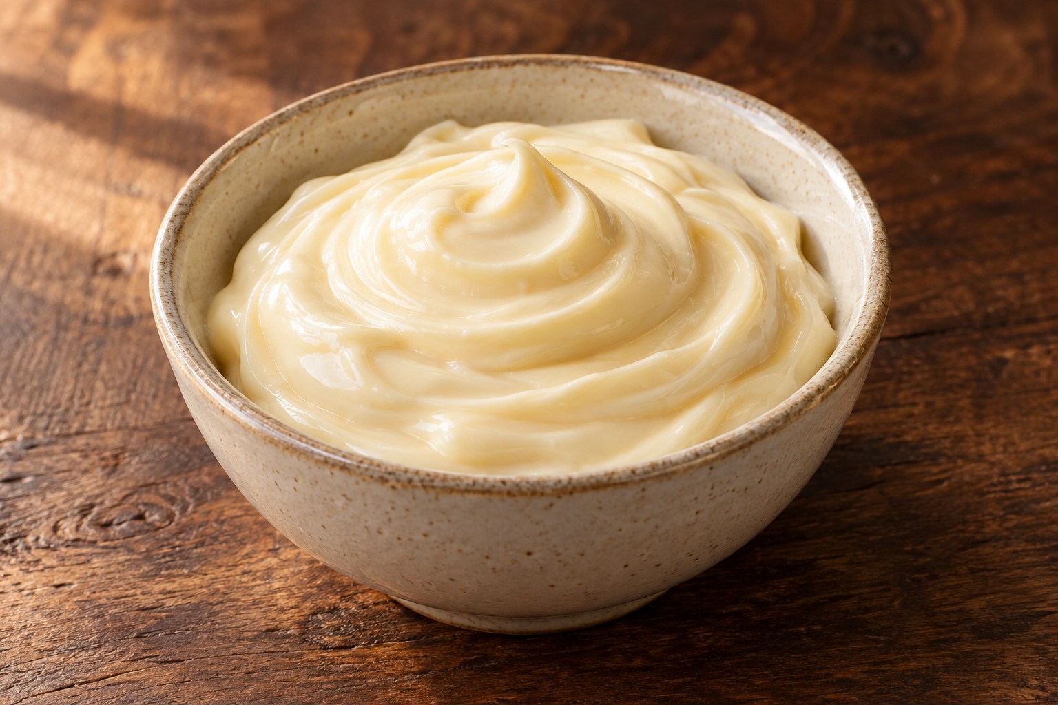 Smooth ivory homemade mayonnaise in a cream bowl on warm dark wood