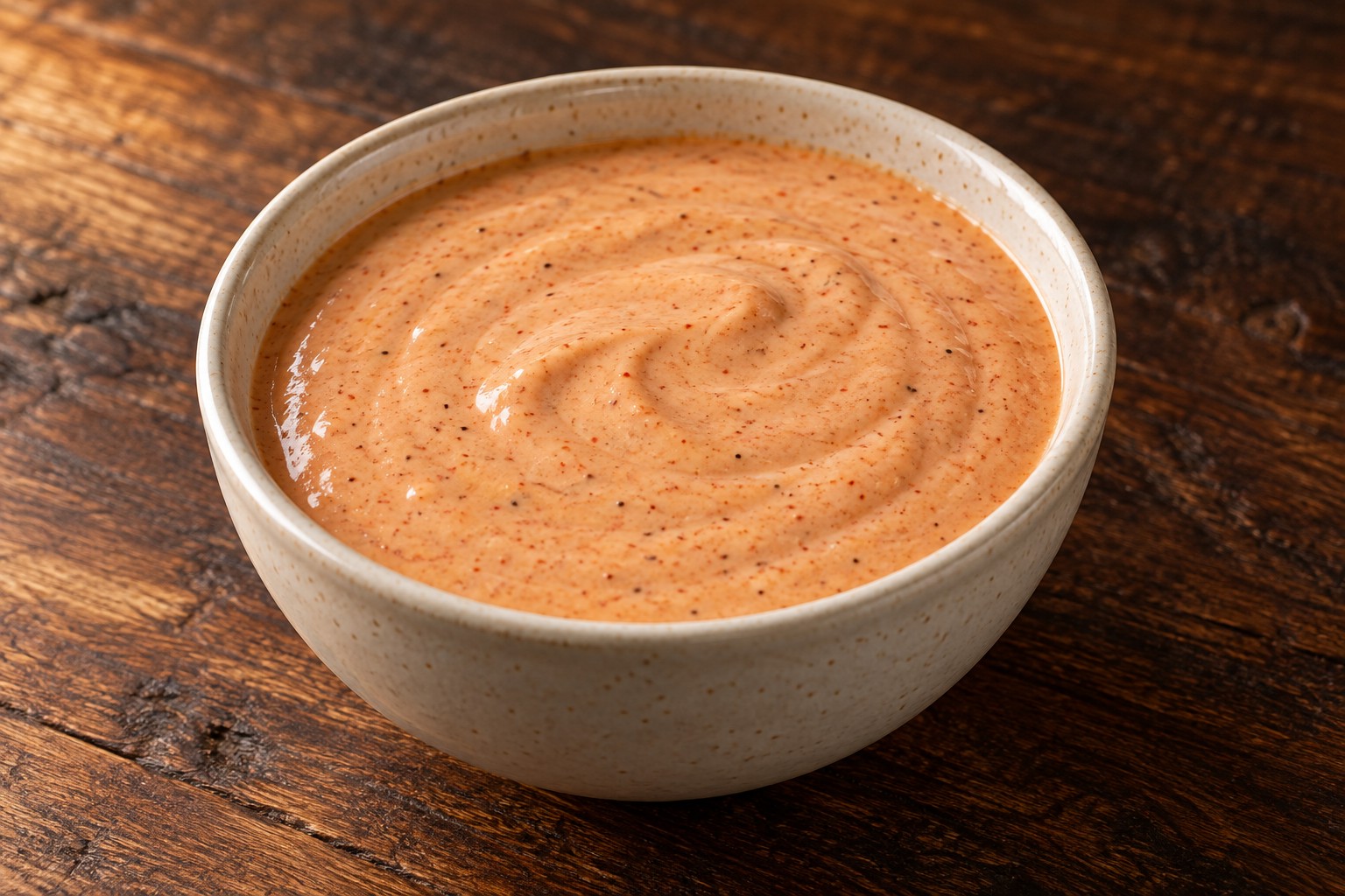 Smooth creamy Southern comeback sauce with paprika flecks in a cream bowl