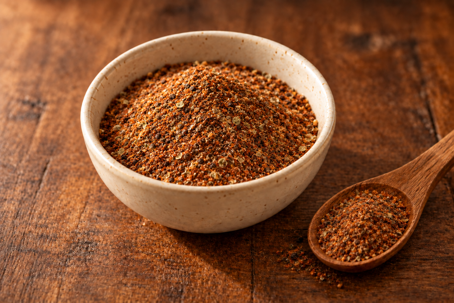 EFK Taco Seasoning blend in a cream bowl on dark rustic wood